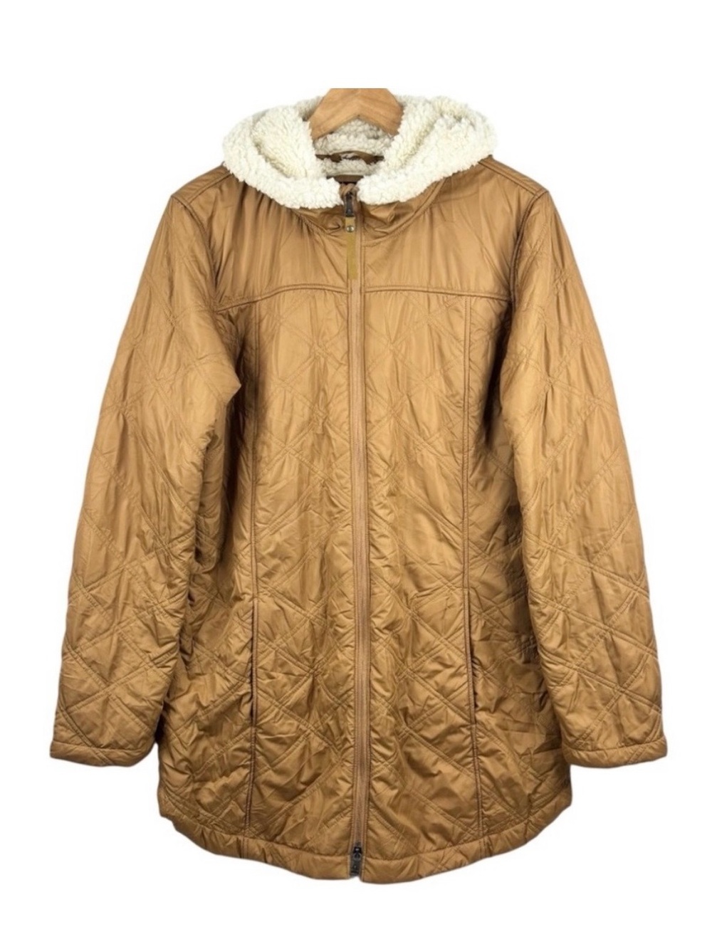 Prana Bronzy Beige Quilt Look Sherpa Fleece Lined Full Zip Hooded Coat XL